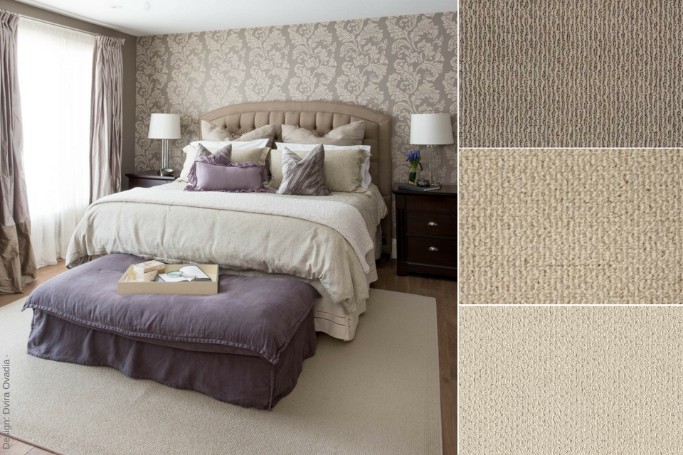 beige and purple traditional bedroom with natural fiber carpet area rug